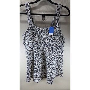 Lands' End Highclo Floral Swim Dress Tankini Top L 14-16 Navy NWT